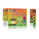 Packaging design for VOPK Tornado 9000 puffs disposable vape in Lemon & Lime flavor, featuring a green zombie head with a pink brain illustration, product specifications, nicotine strength options (0%, 2%, 3%, 5%), and a warning label.