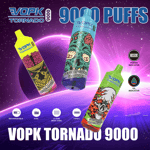 "Colorful VOPK Tornado 9000 disposable vape devices featuring unique designs, flavors like Triple Mango, Blueberry Cherry Cranberry, and Strawberry Watermelon, with highlights including 9000 puffs, rechargeable, 18 ml capacity, and Type-C charging."