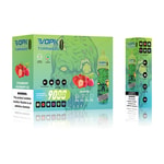 "Packaging design for VOPK Tornado 9000 disposable vape featuring Strawberry Raspberry Ice flavor, 9000 puffs, nicotine options from 0% to 5%, rechargeable, RGB light indicator, and Type-C charging."