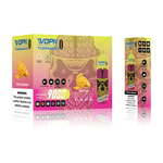 Packaging design for a vaping product called VOPK Tornado, featuring a colorful background with a skull and brain graphic, labeled "Triple Mango" with nicotine options (0%, 2%, 3%, 5%). Includes warning about nicotine addiction and mentions being rechargeable with an indicator for puffs.