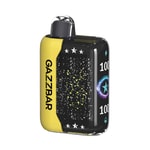 A compact vape device with a black and yellow design, featuring star and constellation patterns on the front, labeled "GAZZBAR."