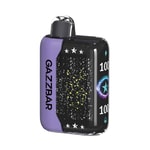 A compact, futuristic vape device with a purple and black body featuring constellation patterns, glowing symbols, and the brand name "GAZZBAR" printed vertically.