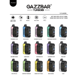 A display of Gazzbar Turbo vape devices in 15 flavors, showcasing colorful designs, key features like 15,000 to 30,000 puffs, 28ml capacity, 800mAh battery, dual mesh technology, and Type-C charging.