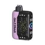 A compact vape device labeled "GAZZBAR" with a purple and black design, featuring star constellations, glowing effects, and a futuristic display showing "100".