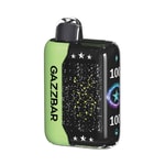 A green and black vape device labeled "GAZZBAR" with a starry constellation design and 100% charge indicators.