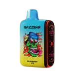 Un appareil de vape coloré étiqueté " GAZZBAR " avec un motif de crâne vibrant, des flammes et le texte " Blueberry Ice "."