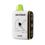 Un appareil compact blanc intitulé " GAZZBAR GLEAR " représentant un astronaute de dessin animé assis sur un croissant de lune avec un télescope, entouré d'étoiles et de planètes.