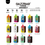 "La gamme de produits Gazzbar Turbo Rocket présente 14 saveurs colorées d'appareils de vape, chacune étiquetée avec des noms de saveurs uniques et des designs vibrants, avec des détails comme 10 000 ou 20 000 bouffées, une capacité de 22 ml, une batterie de 650 mAh, une double maille et une charge de type C. "