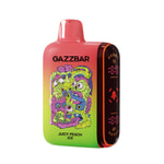 Un appareil de vape coloré étiqueté " GAZZBAR " avec un design vibrant comportant des illustrations abstraites de monstres et la saveur " Juicy Peach Ice "."