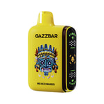 Appareil à vape GAZZBAR jaune avec un design coloré d'inspiration aztèque et un texte de saveur "Mexico Mango".