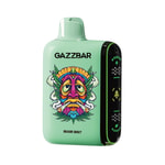 Un appareil à vape Gazzbar vert avec un visage tribal coloré étiqueté " Miami Mint ", avec des icônes décoratives et des indicateurs sur le côté.