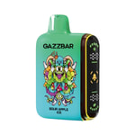 Un appareil de vape coloré étiqueté " GAZZBAR Sour Apple Ice " avec une illustration de monstre vibrante et caricaturale sur le devant.