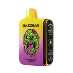 Un appareil de vapotage aux couleurs vives avec un dégradé jaune et violet, comportant un graphique représentant un visage de zombie vert et le texte " GAZZBAR Strawberry Banana "."