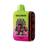 Un appareil de vape coloré étiqueté " GAZZBAR " avec un design dégradé vert et rose comportant un graphique de monstre caricatural et la saveur " STRAWBERRY KIWI " imprimée dessus.