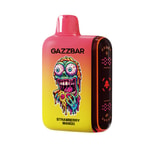 Appareil à vape GAZZBAR rose et jaune avec un design coloré ressemblant à un zombie et un texte d'arôme "Strawberry Mango".