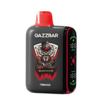 Appareil à vape GazzBar noir et rouge avec un motif de crâne portant un haut-de-forme et des cartes à jouer en arrière-plan.