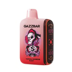 Un appareil de vapotage rose avec un design dégradé, comportant un graphique représentant un personnage squelette dans une capuche et le texte " GAZZBAR Tropical Rainbow Blast "."