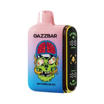 Un appareil de vapotage coloré présentant un motif de crâne vibrant avec un cerveau visible, étiqueté " GAZZBAR Watermelon Ice "."