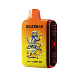 Un appareil à vape orange étiqueté " GAZZBAR " présentant un design coloré représentant une pieuvre portant des lunettes de soleil chevauchant une camionnette jaune avec la saveur " White Gummy Ice "."