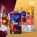JNR Cola Ice vape product featuring a colorful eagle design, packaging displaying 16,000 puffs, nicotine warning label, and a glass of cola with ice cubes.