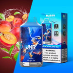 A vape device labeled "JNR Peach Oolong Tea" with a blue hawk illustration, accompanied by its packaging, peaches, tea leaves, and a warning label about nicotine addiction.