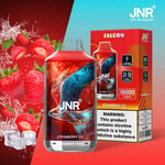 JNR Falcon Strawberry Ice vape device with a red and blue design, featuring a vibrant eagle illustration, strawberries, ice cubes, and product packaging indicating 16,000 puffs and nicotine content.