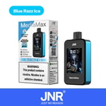 Uma caixa de embalagem para um dispositivo vaping rotulado "MediaMax" com o nome de produto "Blue Razz Ice", apresentando um display HD de grandes dimensões e vários recursos. A caixa inclui um aviso sobre a nicotina e detalhes sobre o conteúdo, bateria e capacidade da nicotina, com detalhes em azul e logotipo do JNR.