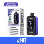 Dispositivo e embalagem JNR MediaMax vape, com sabor de mirtilo e melancia, 40.000 baforadas, display HD grande e uma etiqueta de advertência sobre o vício em nicotina.