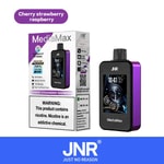 Vape JNR MediaMax com sabor de cereja, morango e framboesa com display HD 2.4 ", capacidade para 40.000 baforadas e etiqueta de advertência de nicotina.