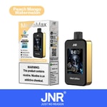Vape JNR MediaMax com sabor de pêssego, manga e melancia com display HD 2.4 ", capacidade para 40.000 baforadas e etiqueta de advertência de nicotina.