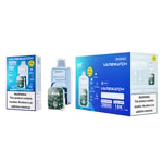 Image de deux boîtes de produits et d'un appareil de vape pour Vapewatch, présentant un design bleu et vert avec l'étiquette " Blueberry Watermelon " et une mise en garde contre la nicotine.