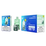 Emballage de produits de vape VAPEWATCH Miami Mint, comprenant des boîtes simples et des paquets de 5, avec des étiquettes d'avertissement sur la nicotine et un appareil de vape affichant un cadran de montre.