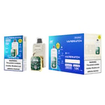 Emballage de vape VAPEWATCH Watermelon Ice avec un appareil, affichant 30 000 bouffées en mode régulier, 18 000 bouffées en mode impulsion et une étiquette d'avertissement de nicotine.