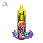 A colorful vape pen labeled "FUMOT Tornado," featuring an illustration of a skeleton with a vibrant skull, surrounded by ice cubes, blueberries, and purple liquid splashes.