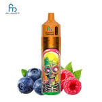 A colorful vape pen featuring a skull design and surrounded by blueberries, raspberries, and mint leaves.