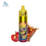 A colorful vape canister featuring a skull design, with two cherries in the foreground and a glass of fizzing beverage splashing in the background.