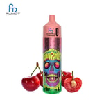 A colorful vape device with a skull design on its body, surrounded by fresh cherries.