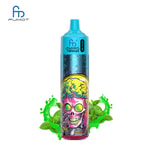 A colorful vape product featuring a skull with green eyes and a brain design on the body, surrounded by splashes of green liquid and mint leaves.