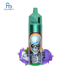 A colorful vape device with the brand name "FUMOT" and the model "TORNADO," featuring a graphic of a skeleton with a rainbow-colored skull, surrounded by ice cubes and grapes.
