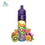 A colorful FUMOT Tornado vape with a skull design, surrounded by kiwi, guava, and passionfruit.