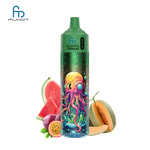 A green disposable vape device with a colorful octopus design, surrounded by watermelon, passion fruit, and cantaloupe slices.