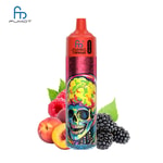 A colorful vaping device with a skull and psychedelic design, surrounded by raspberries, peaches, and blackberries.