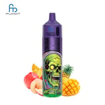 A purple Fumot Tornado vape device with a skull graphic design, surrounded by sliced pineapple, mango, peach, and apple.