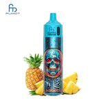 A blue cylindrical vape device labeled "Fumot Tornado 10K Music" with a colorful skull design, surrounded by whole and sliced pineapples.