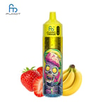 A vape pen with a colorful skull design and a yellow cap, surrounded by strawberries and bananas.