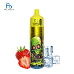 A colorful vape device with a green zombie graphic on the front, surrounded by ice cubes and strawberries, against a white background.