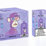 Eine violette Schachtel mit der Aufschrift "Bang Digital", die ein E-Zigarettengerät zeigt und auf der Vorderseite einen Comic-Affen mit Brille zeigt. Auf der Verpackung sind Angaben wie "15.000 Züge", "Traubeneis"-Geschmack und Warnhinweise zu Nikotin aufgeführt.