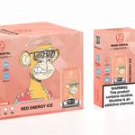 Eine rosafarbene Verpackung für ein E-Zigarettenprodukt mit der Aufschrift "Bang Digital" mit der Illustration eines Affen mit Sonnenbrille und buntem Hemd sowie einem Einweg-E-Zigaretten mit demselben Design. Der Text weist darauf hin, dass es 15.000 Züge und verschiedene Indikatoren für Öl und Energie sowie eine Warnung vor Nikotin bietet.