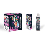 Kolorowe pudełko z napisem "CRYSTAL PRO MAX" zawierające produkty do waporyzacji z grafiką przedstawiającą owoce i planety oraz etykietę ostrzegającą o uzależnieniu od nikotyny. Obok znajduje się vape pen z tym samym brandingiem i oznaczeniem pojemności "10000"."