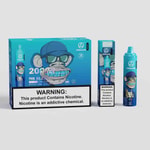 A vape product packaging featuring a cartoon monkey wearing sunglasses and a baseball cap, with a blue color scheme. The box states "2000 PUFFS" and "MR BLUE" prominently, along with a warning label about nicotine. Next to it is a blue vape device with similar branding.